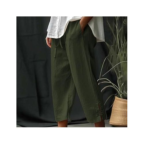 제네릭 Capri Linen Pants Beach Summer Casual Trendy 2024 Elastic Waisted Lounge Pants Relax Fit Soft Comfy Trousers with Pocket