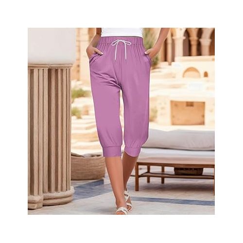 제네릭 Capri Sweatpants for Women Summer Casual Cropped Running Jogger Pants Plus Size Drawstring Loose Fit Lounge Sports Capris