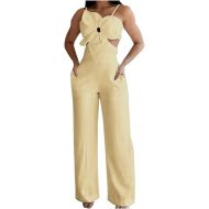 Women's Short Sleeve Jumpsuits Sleeveless Spaghetti Strap Boho Long Pant Romper Jumpsuit Rompers With Pockets