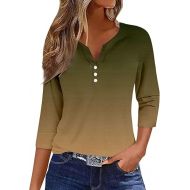 Summer 3/4 Sleeve Tunic Tops for Women Gradient Print Crewneck T Shirts Cute Ladies Casual Loose Button Down Dressy Blouses