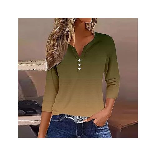 제네릭 Summer 3/4 Sleeve Tunic Tops for Women Gradient Print Crewneck T Shirts Cute Ladies Casual Loose Button Down Dressy Blouses