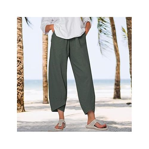 제네릭 Cotton Linen Cropped Pants for Women Summer Lightweight Beach Tulip Palazzo Pant Elastic Waist Patchwork Comfy Baggy Trousers