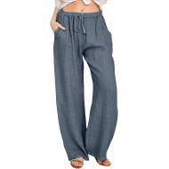 Women's Linen Pants Drawstring Waist Palazzo Pants Flowy Trousers Casual Lounge Pan Work Casual