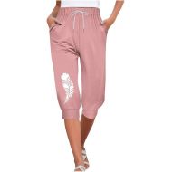 Summer Capris Pants for Women High Waist Drawstring Comfy Casual Cute Print Trousers Cinch Bottom with Pockets