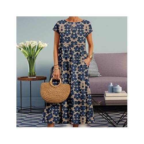 제네릭 Floral Dresses for Women 2024 Summer Boho Hawaiian Sundress Cute Short Sleeve Loose Casual Flowy Plus Size Midi Long Dress