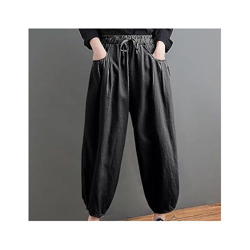 제네릭 Wide Leg Linen Pants for Women Striped Wide-Leg Cropped Pants Linen Capri Harem Casual Trousers with Pocket