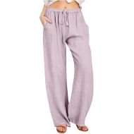 Womens Linen Pants 2024 Solid Color Drawstring Cotton Palazzo Pants High Waisted Wed Leg Lounge Trousers Summer Pants