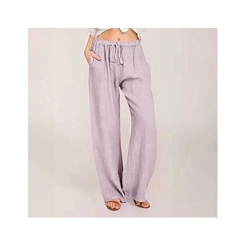 제네릭 Womens Linen Pants 2024 Solid Color Drawstring Cotton Palazzo Pants High Waisted Wed Leg Lounge Trousers Summer Pants
