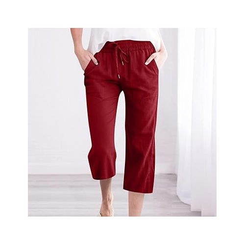 제네릭 Linen Capris for Women Drawstring Elastic High Waist Crop Trousers Wide Leg Loose Fit Summer Casual Pants with Pockets 2024