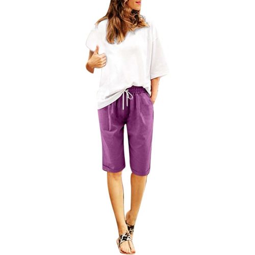 제네릭 Cotton Linen Shorts for Women Summer 2024 Casual Bermuda Comfy Plus Size High Waisted Drawstring Knee Length Athletic Shorts