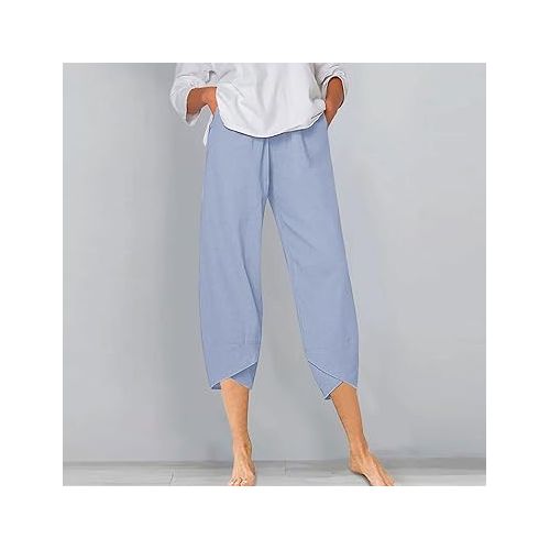 제네릭 Linen Capris Pants for Women Elastic Waist Loose Fit Casual Summer Cotton Pants Soild Color Going Out Capris with Pocket 2024