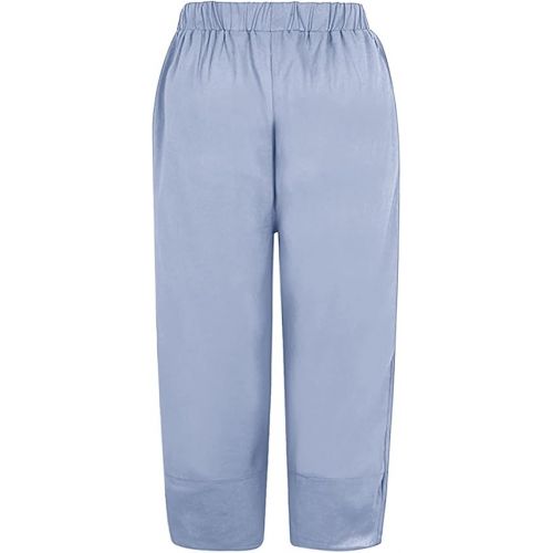 제네릭 Linen Capris Pants for Women Elastic Waist Loose Fit Casual Summer Cotton Pants Soild Color Going Out Capris with Pocket 2024