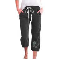 Capri Pants for Women Casual Summer Drawstring Elastic Waist Cropped Pants Loose Comfy Lightweight Capris with Pockets