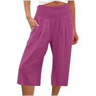 Linen Pants for Women 2024 Vacation Casual Elastic High Waisted Capri Pants Summer Lounge Wide Leg Capris with Pocket