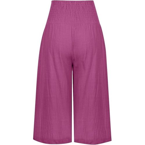 제네릭 Linen Pants for Women 2024 Vacation Casual Elastic High Waisted Capri Pants Summer Lounge Wide Leg Capris with Pocket