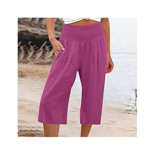 제네릭 Linen Pants for Women 2024 Vacation Casual Elastic High Waisted Capri Pants Summer Lounge Wide Leg Capris with Pocket