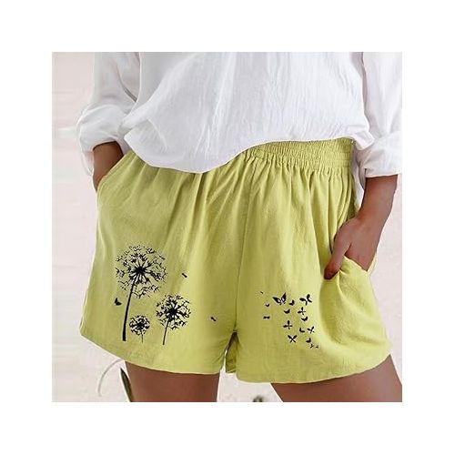 제네릭 Summer Cotton Linen Shorts for Women 2024 Low Rise Shorts with Pockets Dressy Casual Linen Shorts Elastic Waist Short Pants