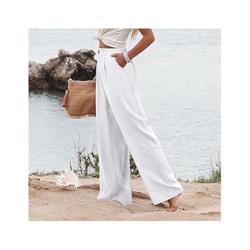 제네릭 Palazzo Pants for Women Summer Comfy Casual High Waisted Wide Leg Loose Fit Stripes Print Beach Boho Trousers with Pockets