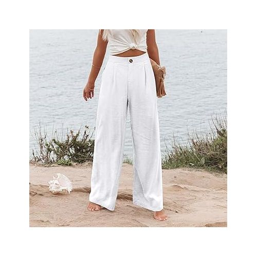 제네릭 Palazzo Pants for Women Summer Comfy Casual High Waisted Wide Leg Loose Fit Stripes Print Beach Boho Trousers with Pockets