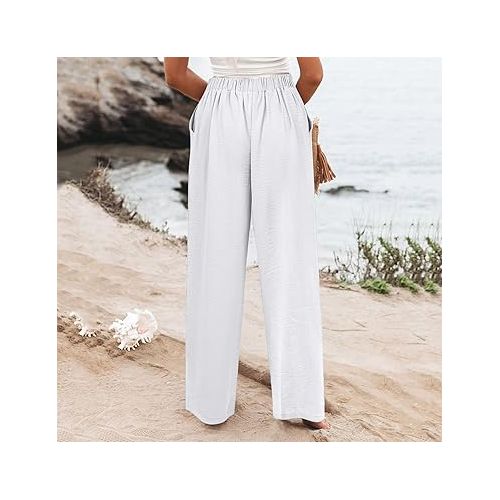 제네릭 Palazzo Pants for Women Summer Comfy Casual High Waisted Wide Leg Loose Fit Stripes Print Beach Boho Trousers with Pockets