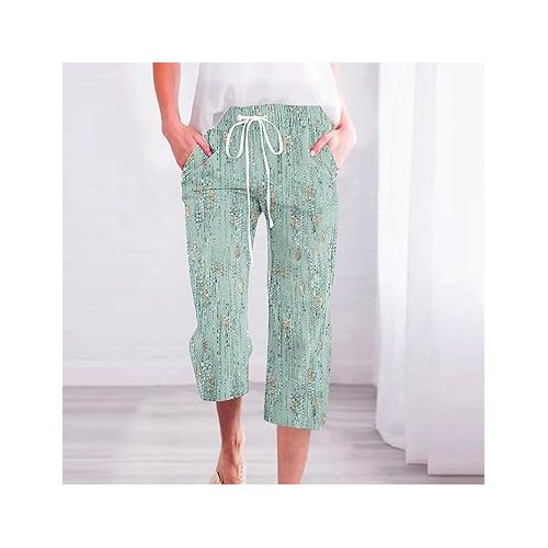 제네릭 Summer Capri Pants for Women 2024 Trendy Straight Leg Elastic Waist Capris Casual Drawstring Cropped Pants with Pockets