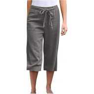 Women's Capri Pants Elastic Waist Drawstring Linen Pants with Pockets Casual Lightweight Comfy Wide Leg Cropped Trousers