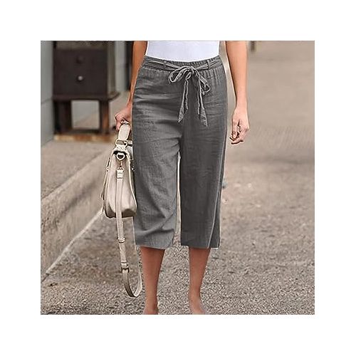 제네릭 Women's Capri Pants Elastic Waist Drawstring Linen Pants with Pockets Casual Lightweight Comfy Wide Leg Cropped Trousers