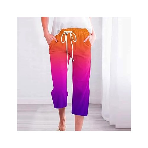 제네릭 Women Capri Pants for Summer Dressy Drawstring Wide Leg Lounge Pant Loose High Waisted Elastic Linen Pants with Pockets