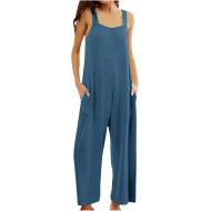Women's Short Sleeve Jumpsuits Spaghetti Strap Baggy Overalls Jumpers High Waist Wide Leg Overalls with Pockets 2024