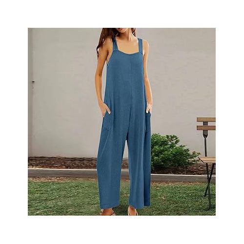 제네릭 Women's Short Sleeve Jumpsuits Spaghetti Strap Baggy Overalls Jumpers High Waist Wide Leg Overalls with Pockets 2024