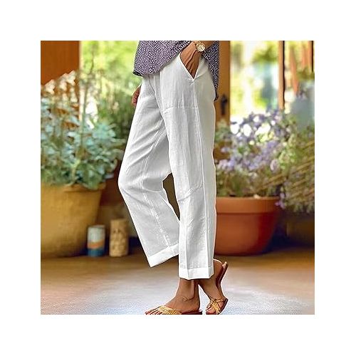 제네릭 Linen Pants Women Summer Solid Color Wed Leg Long Palazzo Pants Baggy Flowy Beach Pants Lounge Trousers with Pockets 2024