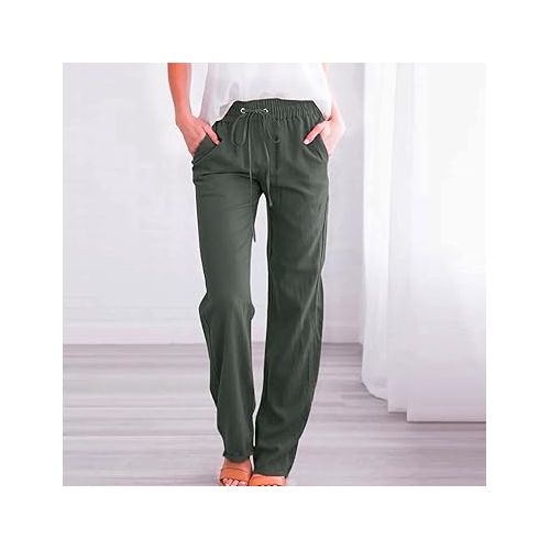 제네릭 Women's Linen Palazzo Pants Summer Palazzo Pants Business Work Long Trousers with Pockets