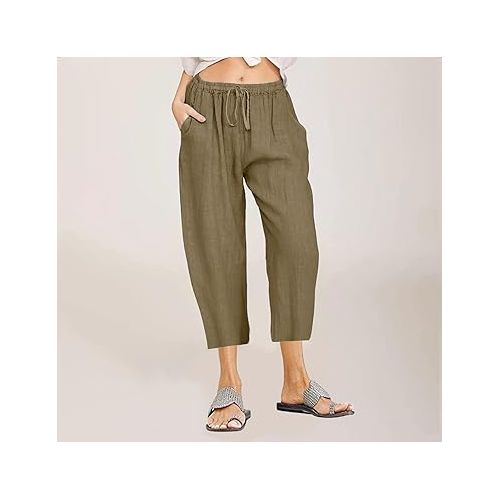 제네릭 Capri Pants for Women Linen Summer Casual Drawstring Elastic Waist Capris Wide Leg Loose Fit Trouser with Pockets 2024 Trendy