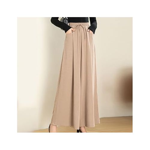 제네릭 Cotton Linen Pants for Women Casual Drawstring Elastic Waist Wide Leg Pants with Pockets Flowy Palazzo Trouser