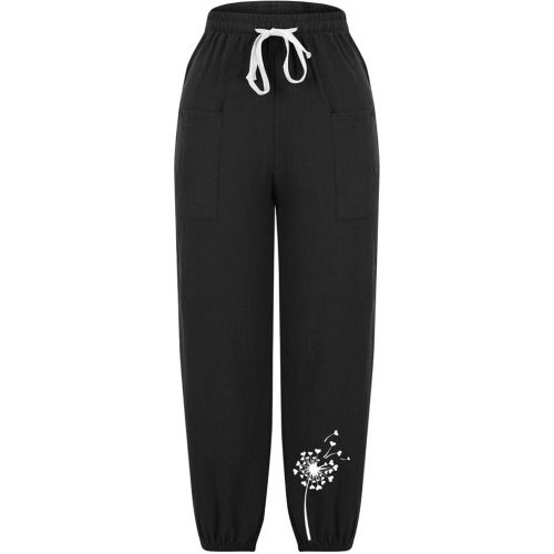 제네릭 High Waist Linen Pants for Women Drawstring Boho Floral Casual Loose Legging Trousers Beach Vacation Trendy Lounge Pants