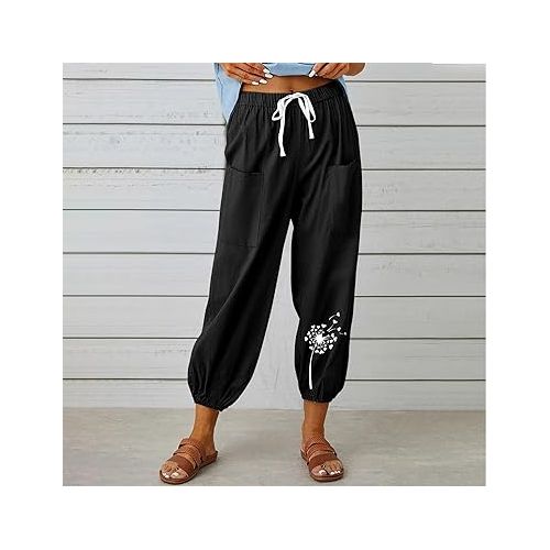 제네릭 High Waist Linen Pants for Women Drawstring Boho Floral Casual Loose Legging Trousers Beach Vacation Trendy Lounge Pants