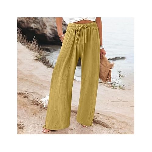 제네릭 High Waist Wide Leg Pants for Women Summer Vacation Elastic Waist Flowy Pant Resort Wear Lounge Beach Trousers