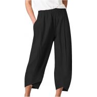 Capris Pants for Women Linen Plus Size High Waisted Cropped Trousers Dressy Elastic Waist Resort Wear Beach Capris
