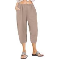 Linen Capri Pants for Women Summer Casual Elastic High Waist Cropped Pants Loose Lounge Straight Wide Leg Capris with Pockets