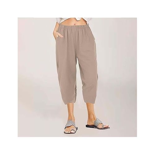 제네릭 Linen Capri Pants for Women Summer Casual Elastic High Waist Cropped Pants Loose Lounge Straight Wide Leg Capris with Pockets