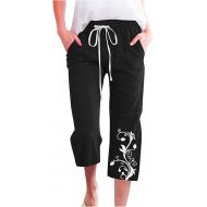 Capri Pants for Women Plus Size Elastic Waist Drawstring Linen Pants Trendy Casual Cropped Trouser with Pockets