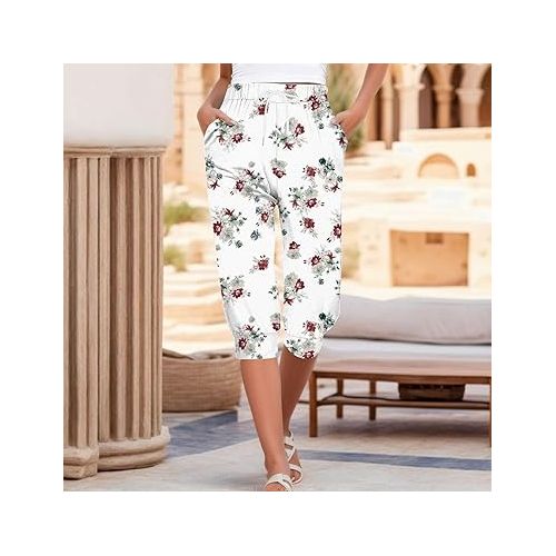 제네릭 Capri Pants for Women Summer Casual Loose Elastic Waist Cropped Trouser Straight Wide Leg Plus Size Lounge Capris