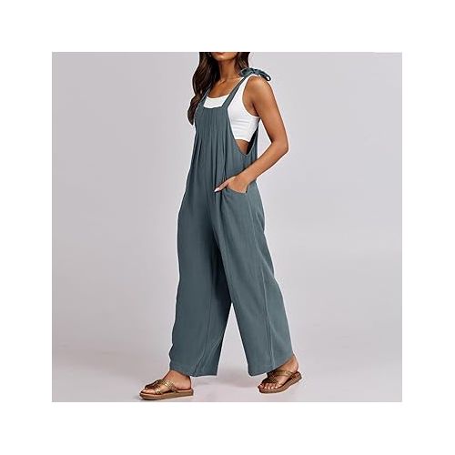 제네릭 Jumpsuits for Women Casual Jumpers One Piece Wide Leg Rompers High Waist Wide Leg Overalls with Pockets 2024