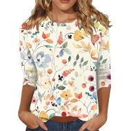 3/4 Length Sleeve Womens Tops Dressy Casual Plus Size Crewneck Vintage Floral T Shirts Summer Trendy Loose Fit Blouses