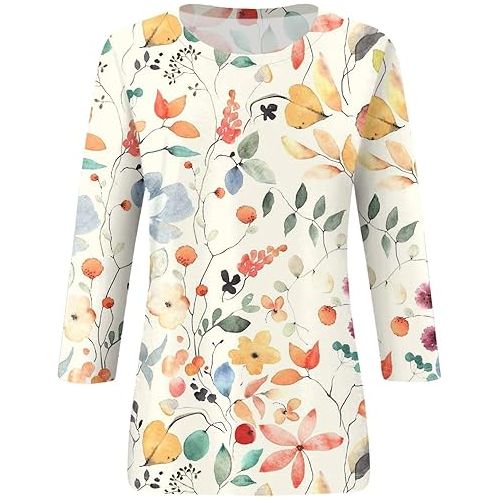 제네릭 3/4 Length Sleeve Womens Tops Dressy Casual Plus Size Crewneck Vintage Floral T Shirts Summer Trendy Loose Fit Blouses