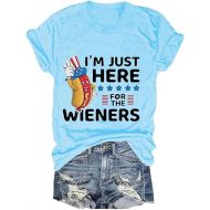 Just Here for The Wieners Womens 4th of July Shirts Summer Patriotic American Flag T Shirt 2024 Funny Hot Dog Graphic Tee