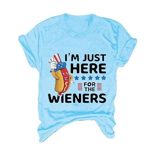 제네릭 Just Here for The Wieners Womens 4th of July Shirts Summer Patriotic American Flag T Shirt 2024 Funny Hot Dog Graphic Tee