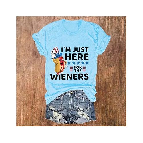 제네릭 Just Here for The Wieners Womens 4th of July Shirts Summer Patriotic American Flag T Shirt 2024 Funny Hot Dog Graphic Tee