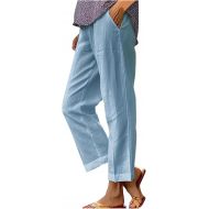 Women's Cotton Linen Pants Summer Casual Elastic Waist Wide Leg Soild Color Lounge Pants Loose Fit Baggy Trouser with Pockets