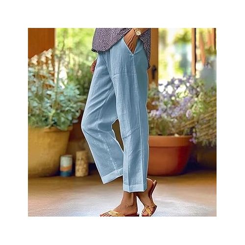 제네릭 Women's Cotton Linen Pants Summer Casual Elastic Waist Wide Leg Soild Color Lounge Pants Loose Fit Baggy Trouser with Pockets